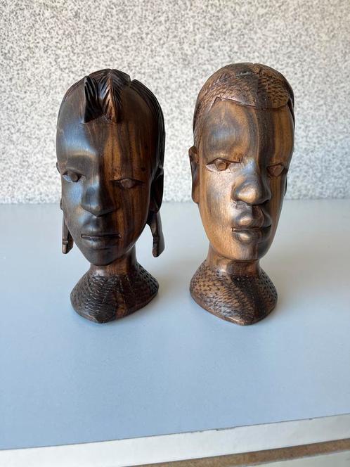 Houten Afrikaanse Bustes - Set van 2, Antiek en Kunst, Kunst | Beelden en Houtsnijwerken, Ophalen of Verzenden