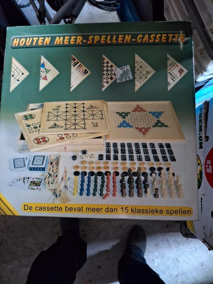 Houten Meer-Spellen-Cassette - Klassieke Spellen, Hobby en Vrije tijd, Gezelschapsspellen | Bordspellen, Gebruikt, Een of twee spelers