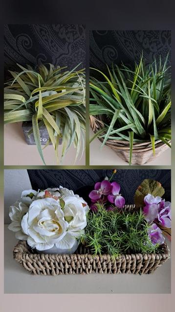 Diverse kunstplantjes/-bloemen in potjes en rieten mandjes beschikbaar voor biedingen