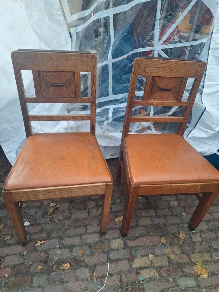 2 Art Deco Stoelen, Huis en Inrichting, Stoelen, Gebruikt, Twee, Hout, Leer, Bruin, Ophalen of Verzenden
