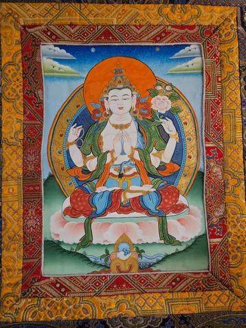 Hand-Painted Tibetan Thangka – “Peace and Compassion” – With beschikbaar voor biedingen