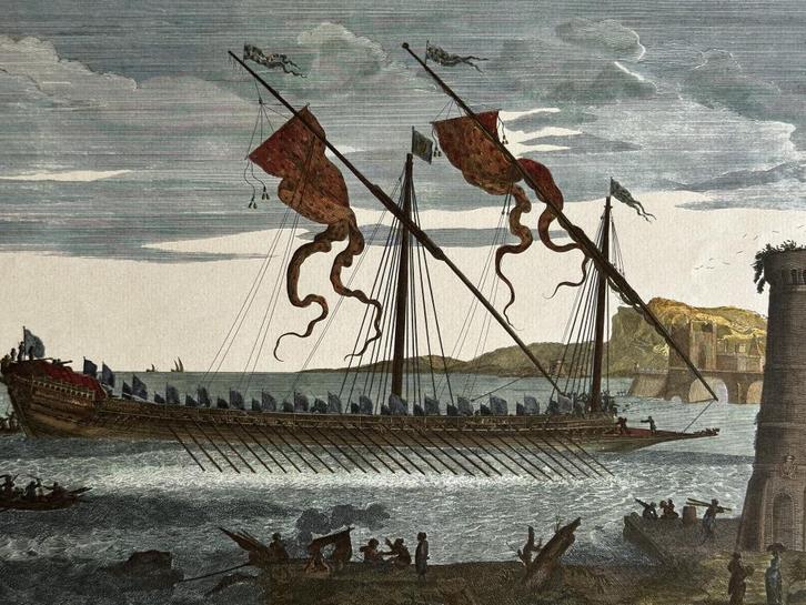 Vintage prent - reproductie 17de eeuwse maritieme gravure, Antiek en Kunst, Kunst | Litho's en Zeefdrukken, Verzenden