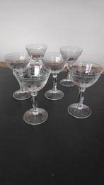 6 antieke coctailglaasjes, gegraveerd met fijne lijnen, Ophalen of Verzenden