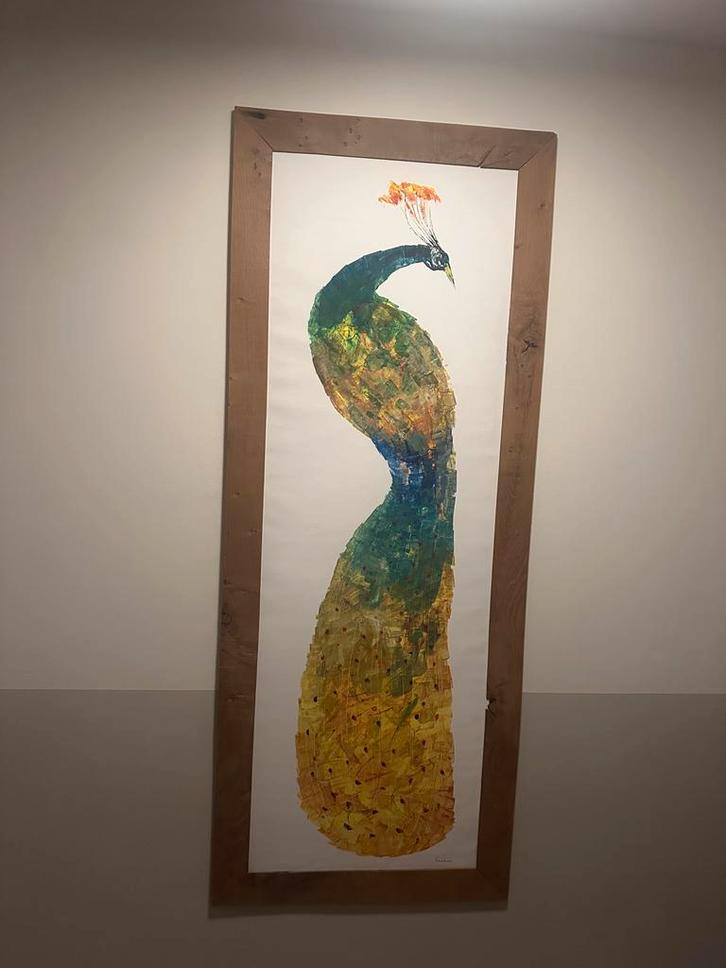 Handgemaakt Pauw Schilderij met Spoorbiels Lijst, Antiek en Kunst, Kunst | Schilderijen | Abstract, Ophalen