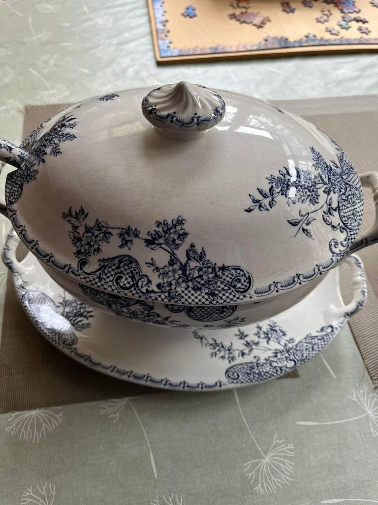 Brokante soepterrine wit/ blauwe, Ophalen of Verzenden