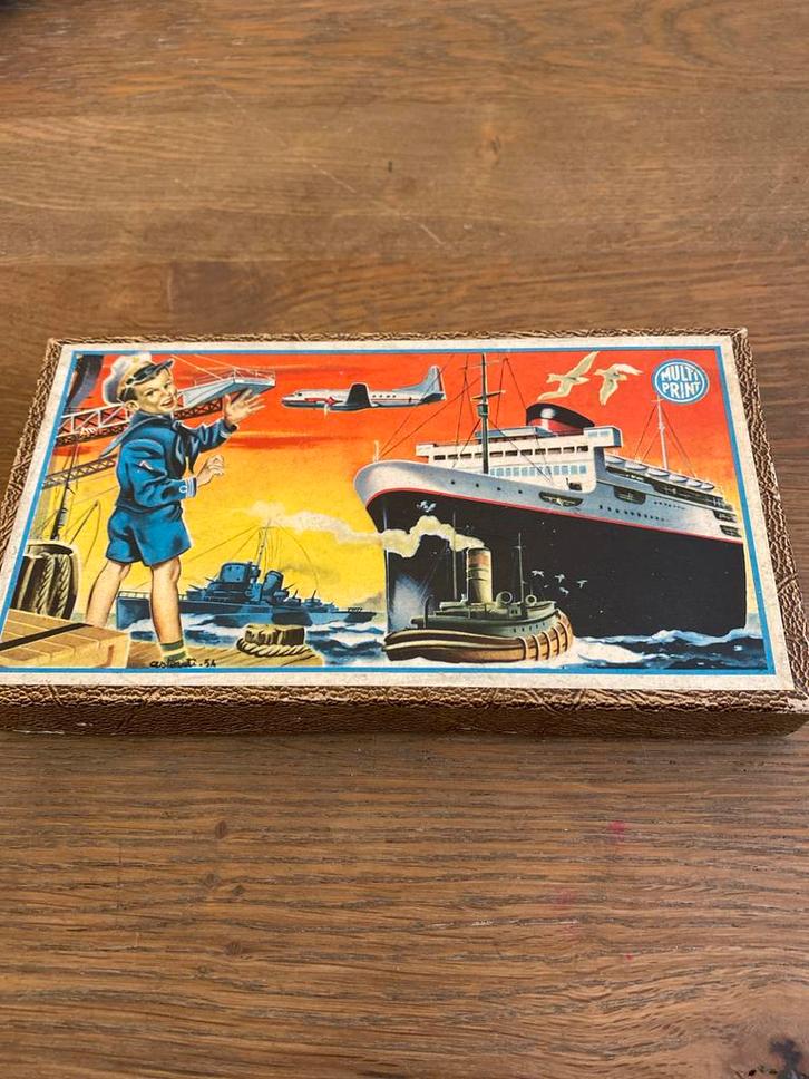 Vintage Multi Print Stempeldoos - Schepen & Vliegtuigen, Antiek en Kunst, Antiek | Speelgoed, Ophalen of Verzenden