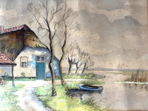 Boerderij aan het water - Aquarel, Ingelijst, Antiek en Kunst, Kunst | Schilderijen | Klassiek, Ophalen of Verzenden