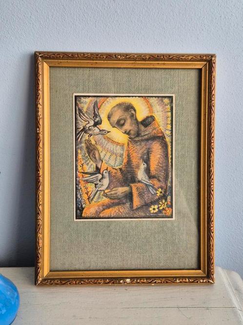 vintage gouden lijst  met hummel afbeelding Heilige Franzisc, Antiek en Kunst, Antiek | Religie, Ophalen of Verzenden