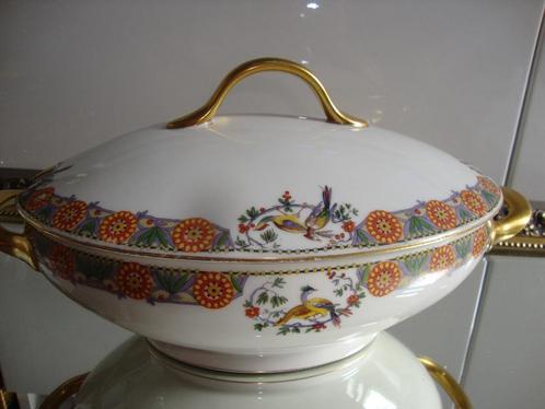 Art Deco Antieke Raynaud Limoges dekschaal vogels goud 1900, Antiek en Kunst, Antiek | Porselein, Ophalen of Verzenden