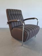 2x Leolux Scylla Fauteuil Hoog Gestreept Stof - Bruin Leer, Huis en Inrichting, Fauteuils, Metaal, 75 tot 100 cm, Ophalen of Verzenden