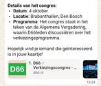 D66 congres kaartje over ter overname, Tickets en Kaartjes, Eén persoon, Cadeaubon