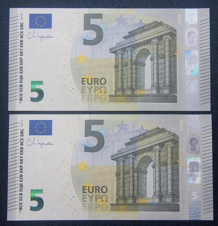 2x 5 euro 2013 EC0140152319(28) nummers opv.print E001D3, Postzegels en Munten, Bankbiljetten | Europa | Eurobiljetten, Overige landen