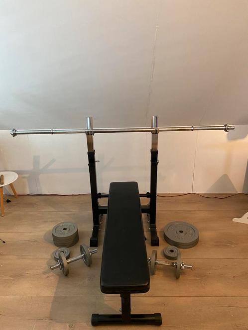 Bankdruk/gietijzeren halterset, Sport en Fitness, Fitnessmaterialen, Zo goed als nieuw, Halterset, Armen, Benen, Borst, Buik, Rug