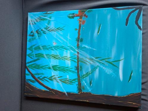 Zelfgemaakt schilderij van een treurwilg bij een vijver, Antiek en Kunst, Kunst | Overige Kunst, Ophalen of Verzenden