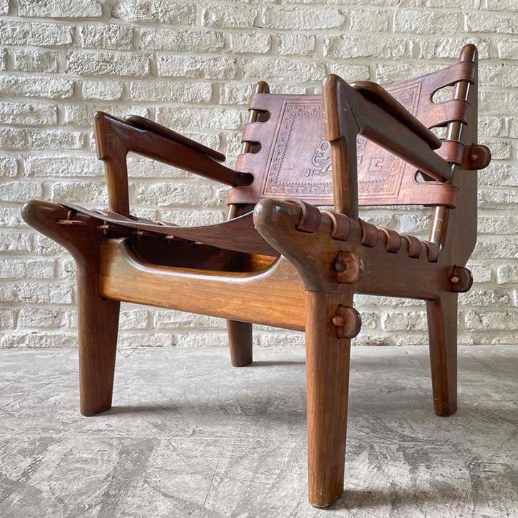 mid-century vintage design fauteuil Angel Pazmino, Huis en Inrichting, Fauteuils, Gebruikt, Hout, Leer, 50 tot 75 cm, 75 tot 100 cm