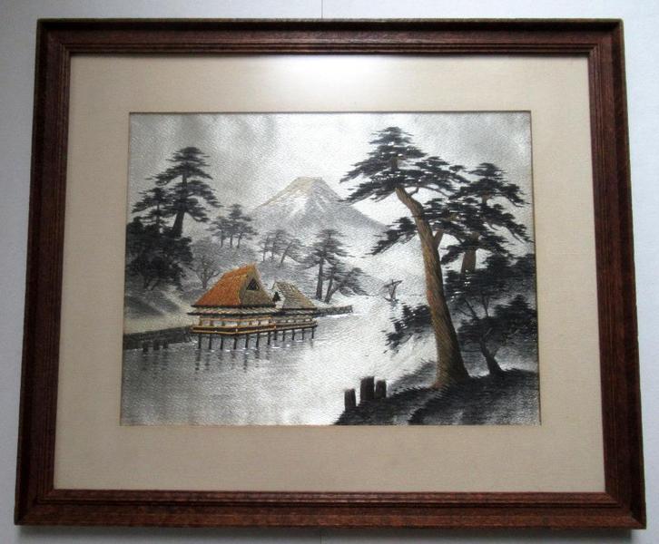 Japans volkskunst zijden borduurwerk landschap uit de ca 50, Antiek en Kunst, Kunst | Niet-Westerse kunst, Ophalen of Verzenden