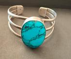 Zilveren 925 Taxco turquoise manchet armband. Jaren 70., Verzenden, Zo goed als nieuw, Blauw, Zilver