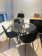 Glazen eettafel met zwarte stoelen, Huis en Inrichting, Ophalen, Gebruikt, 100 tot 150 cm, Rond
