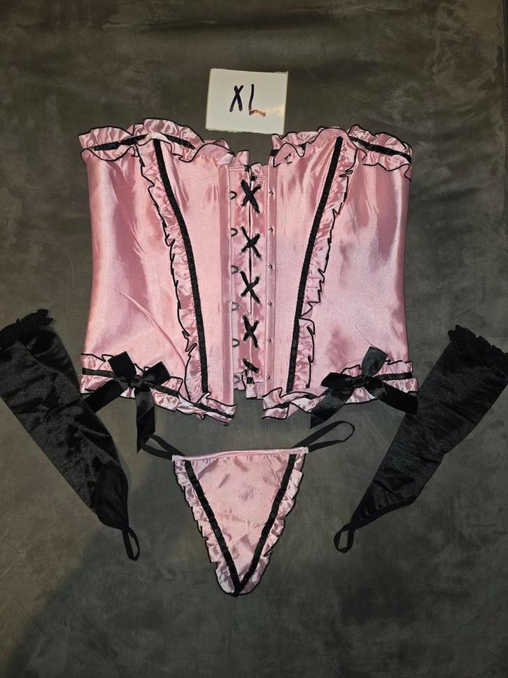 Satijnen Corset Set XL - String & Gloves, Kleding | Dames, Ondergoed en Lingerie, Body of Korset, Roze, Verzenden