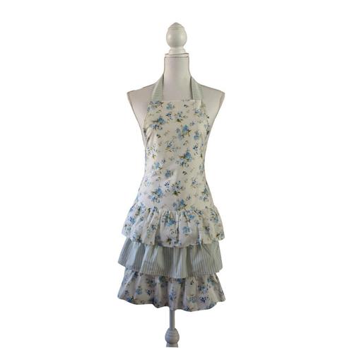Schort Laura, romantisch schortje met blauwe bloemen., Huis en Inrichting, Keuken | Textiel, Nieuw, Schort, Blauw, Verzenden