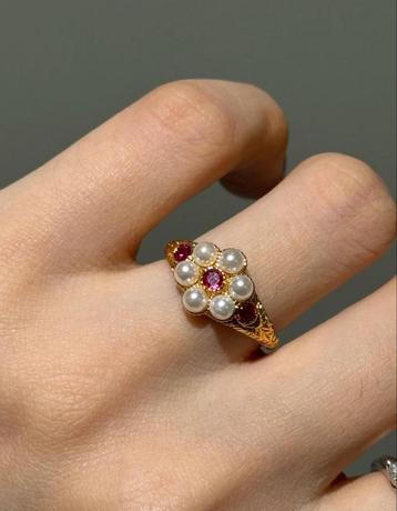 Gouden Ring met Parel en lab robijn maat 7 beschikbaar voor biedingen