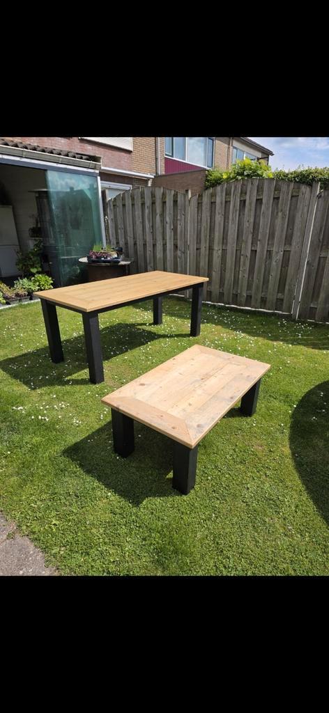 Eettafel en salontafel, tafelset, zwart, steigerhout, Huis en Inrichting, Tafels | Eettafels, Gebruikt, 50 tot 100 cm, Vijf personen of meer