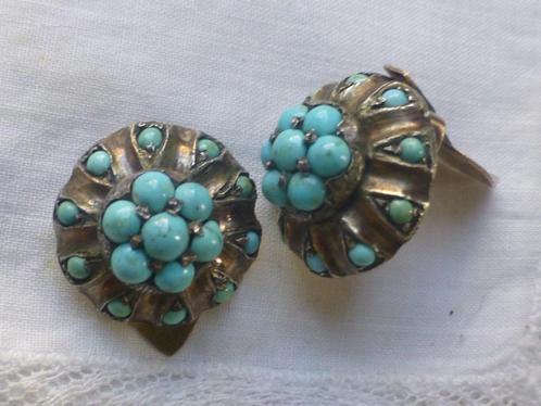 Antieke Goud op Zilver Oorclips met echt Turkoois, Sieraden, Tassen en Uiterlijk, Antieke sieraden, Oorbellen, Zilver, Met edelsteen