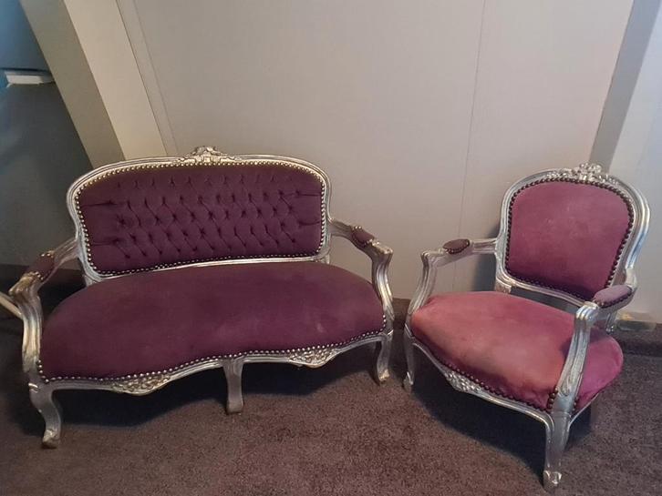 Prinsessenstoel en bank set, Huis en Inrichting, Fauteuils, Gebruikt, Hout, Stof, 75 tot 100 cm, Minder dan 75 cm, Ophalen