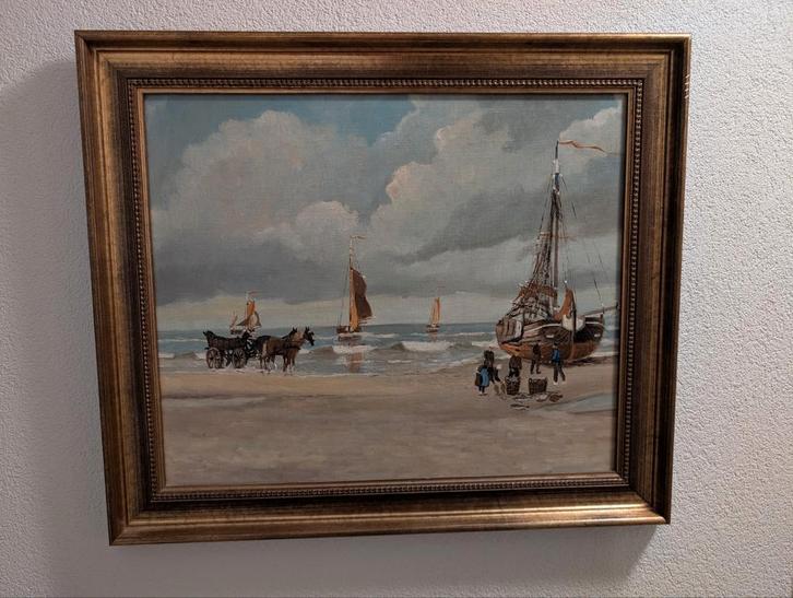 Antiek Schilderij in Gouden Lijst: Strandgezicht met Schepen, Antiek en Kunst, Kunst | Schilderijen | Klassiek, Ophalen