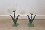 2 tulpen kandelaars waxinelichthouder vintage retro groen, Huis en Inrichting, Woonaccessoires | Kandelaars en Kaarsen, Overige materialen