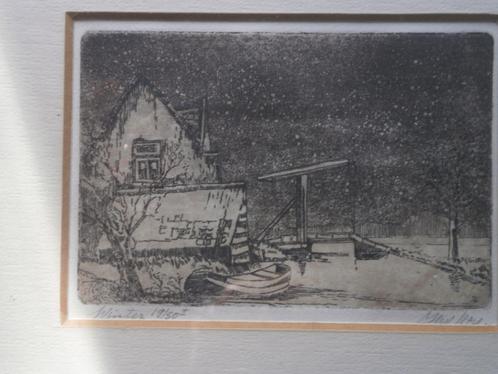 Mooi Ingelijst Etsje "" WINTER "",, Antiek en Kunst, Kunst | Etsen en Gravures, Ophalen of Verzenden