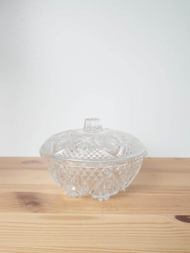 vintage glazen bonbonschaal met deksel – geslepen glas, Antiek en Kunst, Antiek | Glas en Kristal, Ophalen of Verzenden