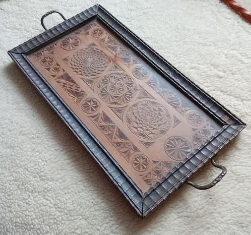 Oude Dienblad met houtsnijwerk ,Hout, glas, metaal, Huis en Inrichting, Woonaccessoires | Dienbladen, Hout, Rechthoekig, Ophalen of Verzenden