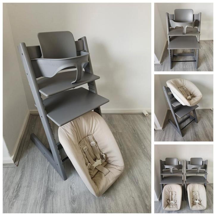 2x Stokke Tripp Trapp storm grey+babyset,newbornset €189p/st, Kinderen en Baby's, Kinderstoelen, Zo goed als nieuw, Meegroeistoel
