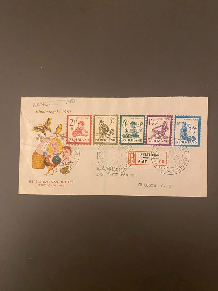 FDC E4 Kinderzegels 1950 Amsterdam-Glasgow aangetekend, Postzegels en Munten, Postzegels | Eerstedagenveloppen, Beschreven, Nederland
