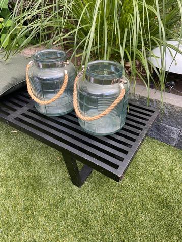 2 grote windlichten glas kandelaar blauw groenig beschikbaar voor biedingen