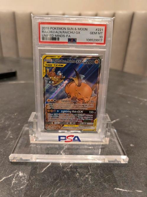2019 Tag Team Raichu/Alolan Raichu GX #221 PSA 10, Hobby en Vrije tijd, Verzamelkaartspellen | Pokémon, Zo goed als nieuw, Losse kaart