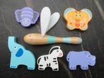 Set 6 houten dieren - olifant neushoorn zebra spin hout, Ophalen of Verzenden, Zo goed als nieuw, Overige typen
