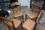 4 antieke eiken eetkamer stoelen met leren bekleding., Vier, Gebruikt, Bruin, Hout