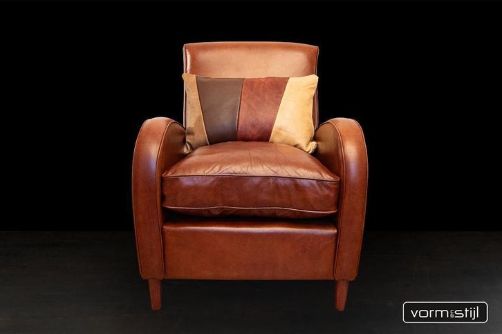 Art Deco clubfauteuil in natuurecht rundleer, Huis en Inrichting, Fauteuils, Zo goed als nieuw, Leer, 75 tot 100 cm, 75 tot 100 cm