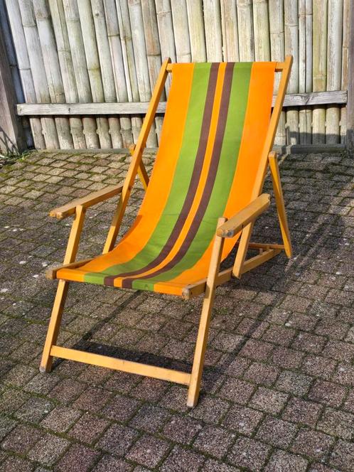 Vintage strandstoel oranje groen bruine jaren 70 relaxstoel, Tuin en Terras, Tuinstoelen, Gebruikt, Hout, Inklapbaar, Verstelbaar