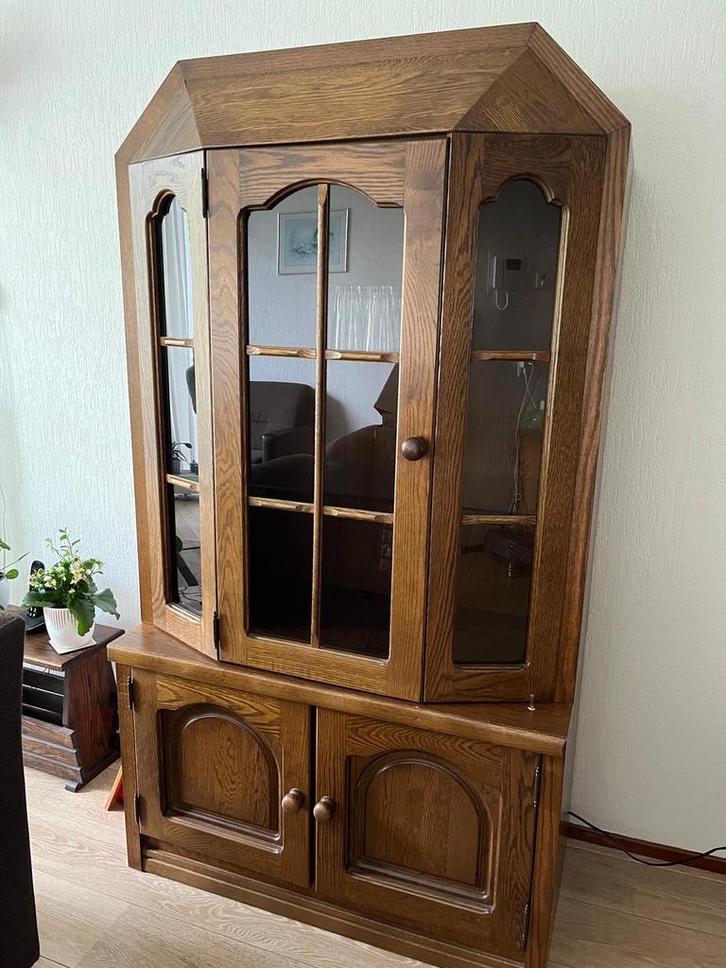 Donker Eiken Vitrinekast met Glas, Huis en Inrichting, Kasten | Dressoirs, Gebruikt, 100 tot 150 cm, 25 tot 50 cm, Met deur(en)