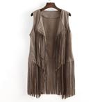 Dames beige mouwloos vest met franjes / cowboy cowgirl motor, Verzenden, Nieuw, Beige