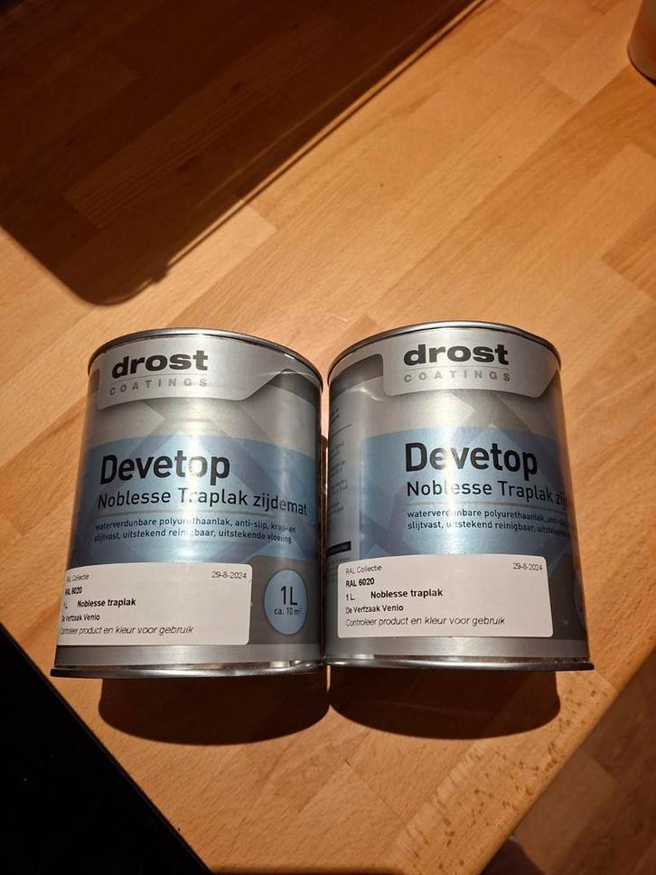 2 blikken Drost Devetop Traplak Zijdemat, Doe-het-zelf en Verbouw, Verf, Beits en Lak, Nieuw, Verf, Minder dan 5 liter, Groen