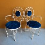 Brocante vintage smeedijzeren set stoelen met blauw velours, Ophalen of Verzenden