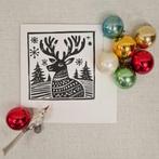 Dubbele kerstkaart 15x15 cm. met envelop linosnede rendier, Ophalen of Verzenden, Nieuw