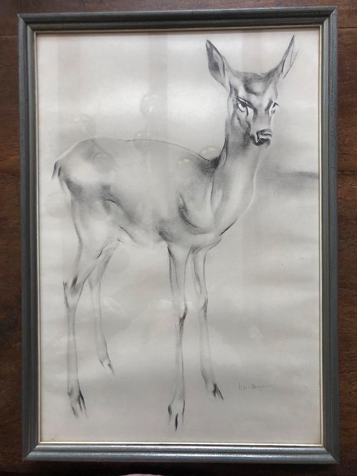 H. van Meegeren Tekening van een Hert, Antiek en Kunst, Kunst | Tekeningen en Foto's, Ophalen of Verzenden