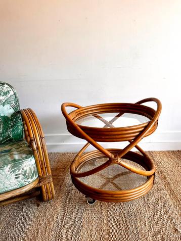 Vintage mid-century rotan trolley barcart serveerwagen beschikbaar voor biedingen