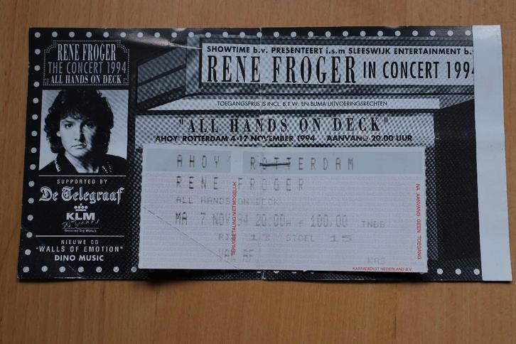 Oud Concert Ticket Rene Froger Ahoy Rotterdam 1994., Verzamelen, Muziek, Artiesten en Beroemdheden, Gebruikt, Foto of Kaart, Ophalen of Verzenden