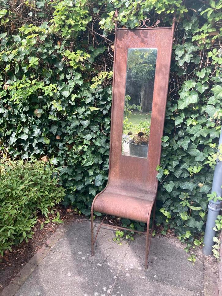 Cortens roestige staal Vintage spiegel stoel tuin kapsalon, Tuin en Terras, Tuinwanddecoratie, Gebruikt, Ophalen